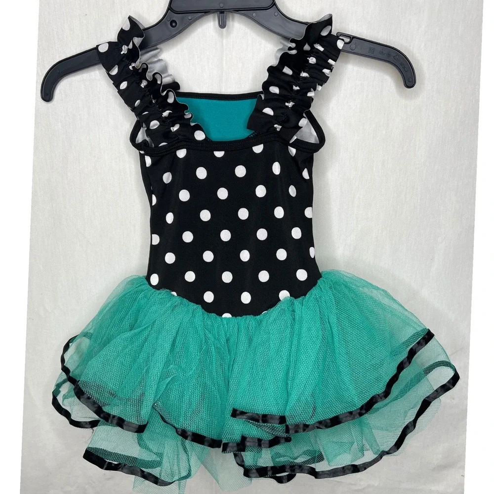 Curtain Call Costumes Teal Black Polka Dot Tutu Dance Leotard‎ Dress CXS E772